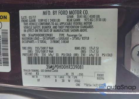 2017 Ford Fusion Se из США, поврежденный, VIN 3FA6P0HD0HR339081